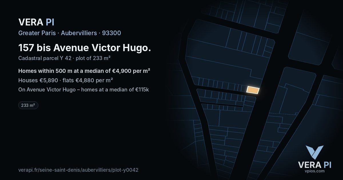 157 bis Avenue Victor Hugo, Aubervilliers at night – the plot lit, the parcels around coloured by the prices near them