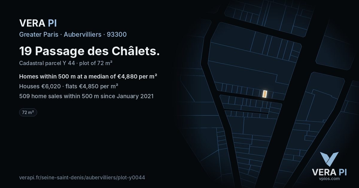 19 Passage des Châlets, Aubervilliers at night – the plot lit, the parcels around coloured by the prices near them