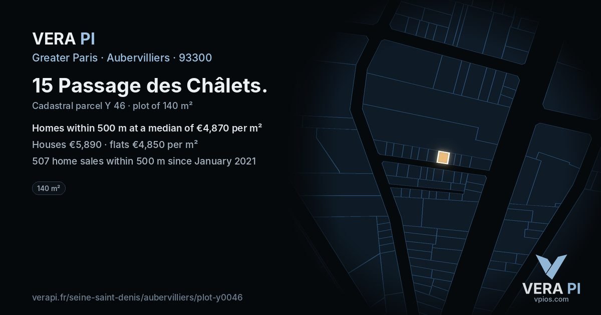 15 Passage des Châlets, Aubervilliers at night – the plot lit, the parcels around coloured by the prices near them