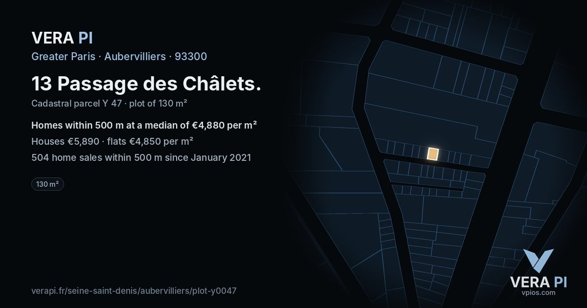13 Passage des Châlets, Aubervilliers at night – the plot lit, the parcels around coloured by the prices near them