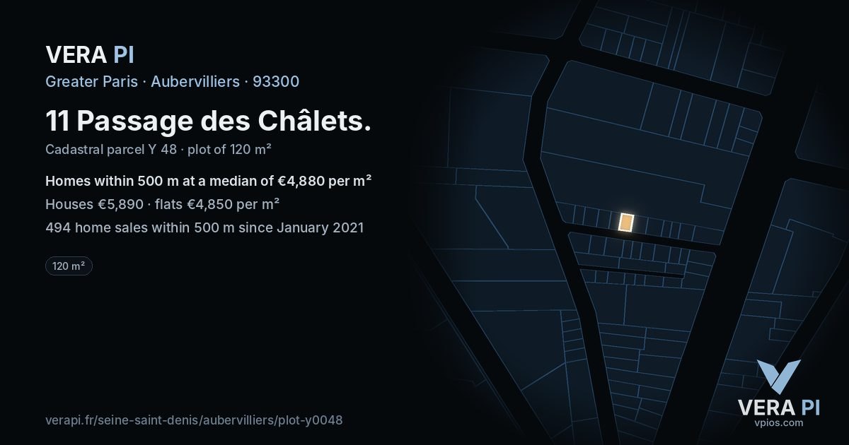 11 Passage des Châlets, Aubervilliers at night – the plot lit, the parcels around coloured by the prices near them