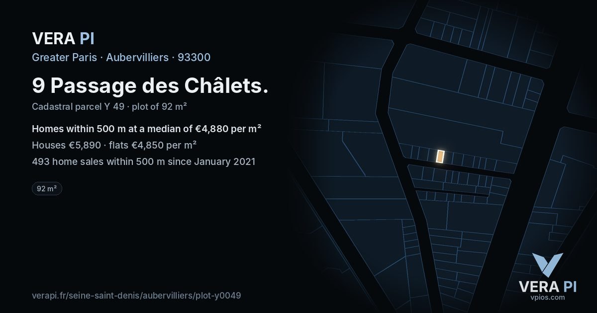 9 Passage des Châlets, Aubervilliers at night – the plot lit, the parcels around coloured by the prices near them