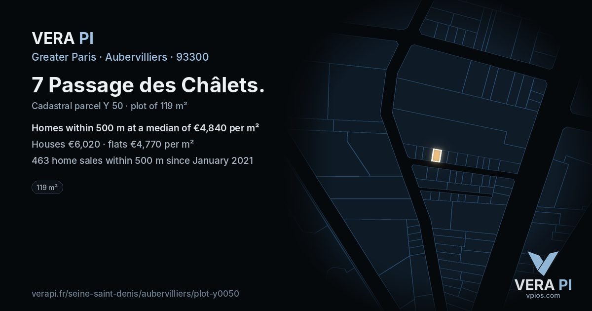 7 Passage des Châlets, Aubervilliers at night – the plot lit, the parcels around coloured by the prices near them