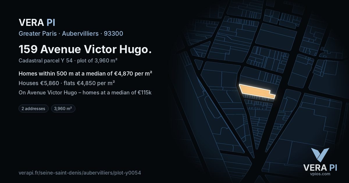 159 Avenue Victor Hugo, Aubervilliers at night – the plot lit, the parcels around coloured by the prices near them