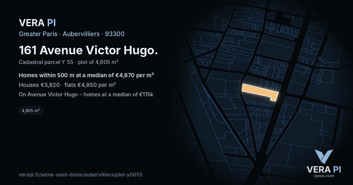 161 Avenue Victor Hugo, Aubervilliers at night – the plot lit, the parcels around coloured by the prices near them