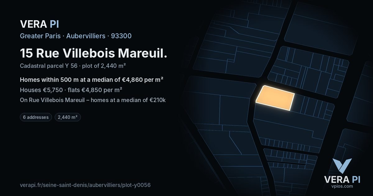 15 Rue Villebois Mareuil, Aubervilliers at night – the plot lit, the parcels around coloured by the prices near them