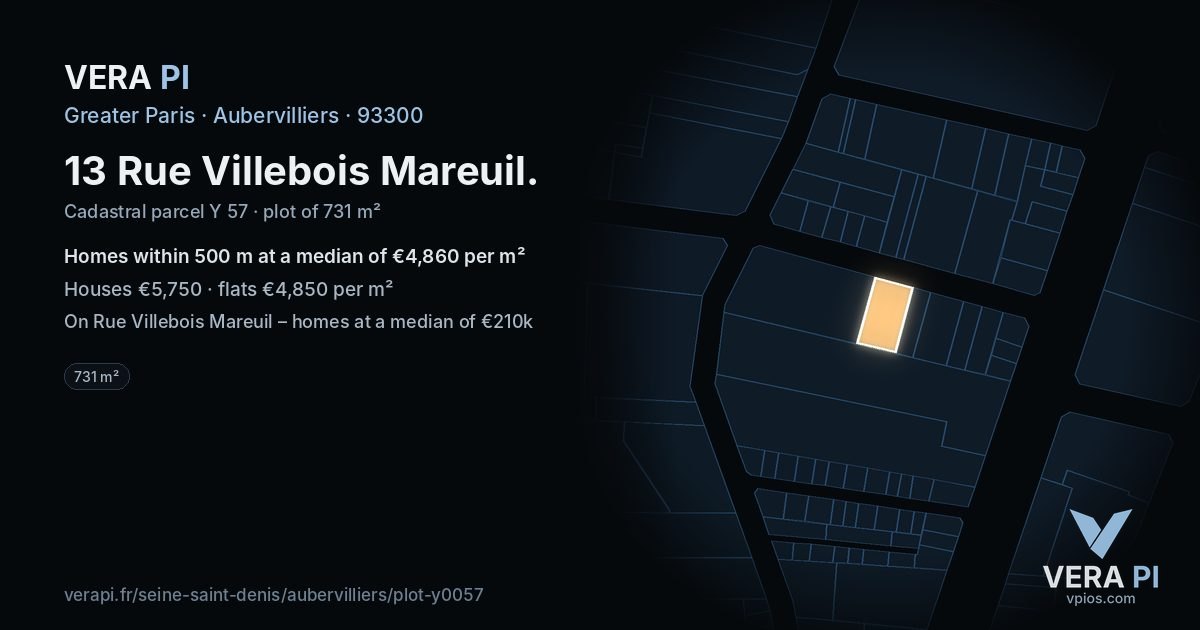 13 Rue Villebois Mareuil, Aubervilliers at night – the plot lit, the parcels around coloured by the prices near them