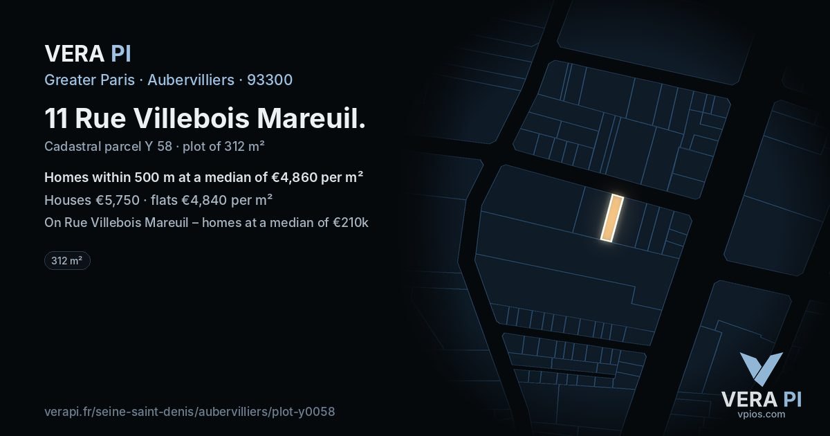 11 Rue Villebois Mareuil, Aubervilliers at night – the plot lit, the parcels around coloured by the prices near them