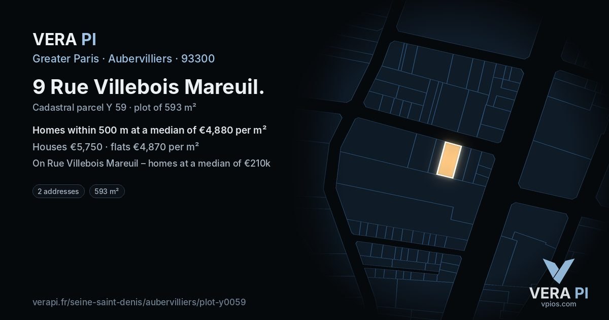 9 Rue Villebois Mareuil, Aubervilliers at night – the plot lit, the parcels around coloured by the prices near them