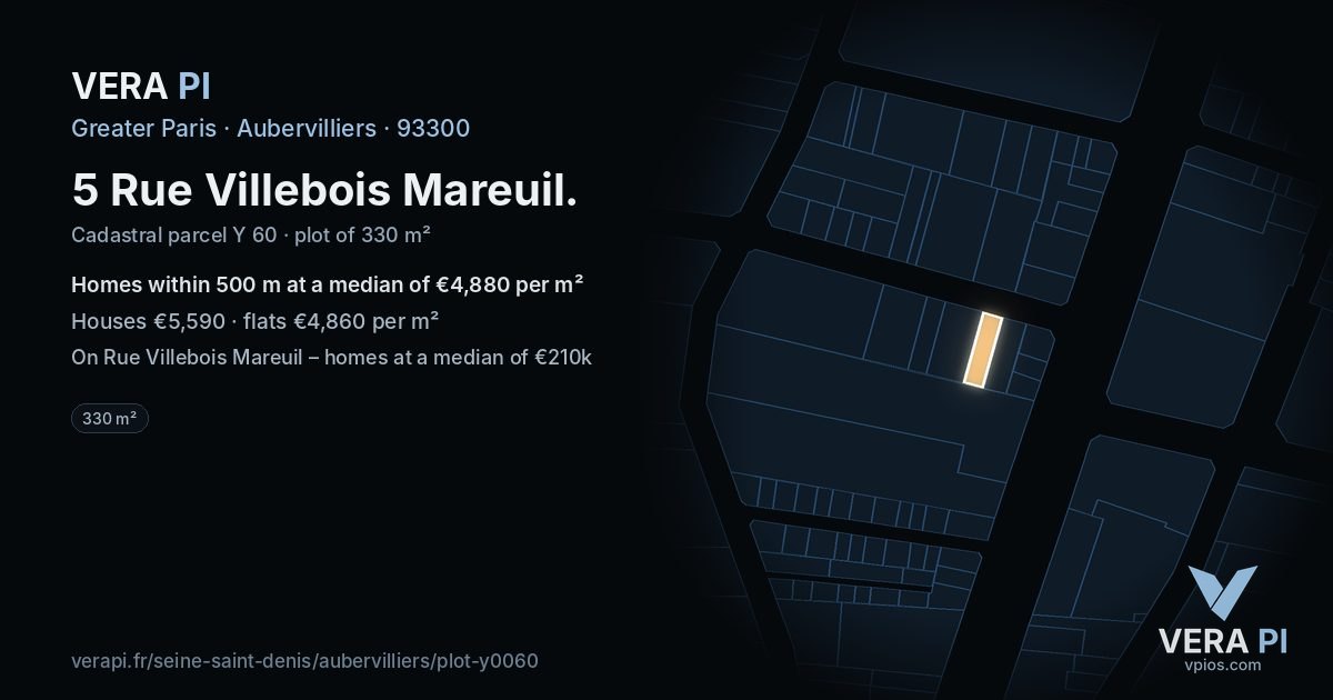 5 Rue Villebois Mareuil, Aubervilliers at night – the plot lit, the parcels around coloured by the prices near them