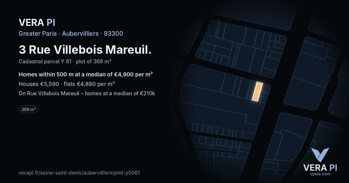 3 Rue Villebois Mareuil, Aubervilliers at night – the plot lit, the parcels around coloured by the prices near them