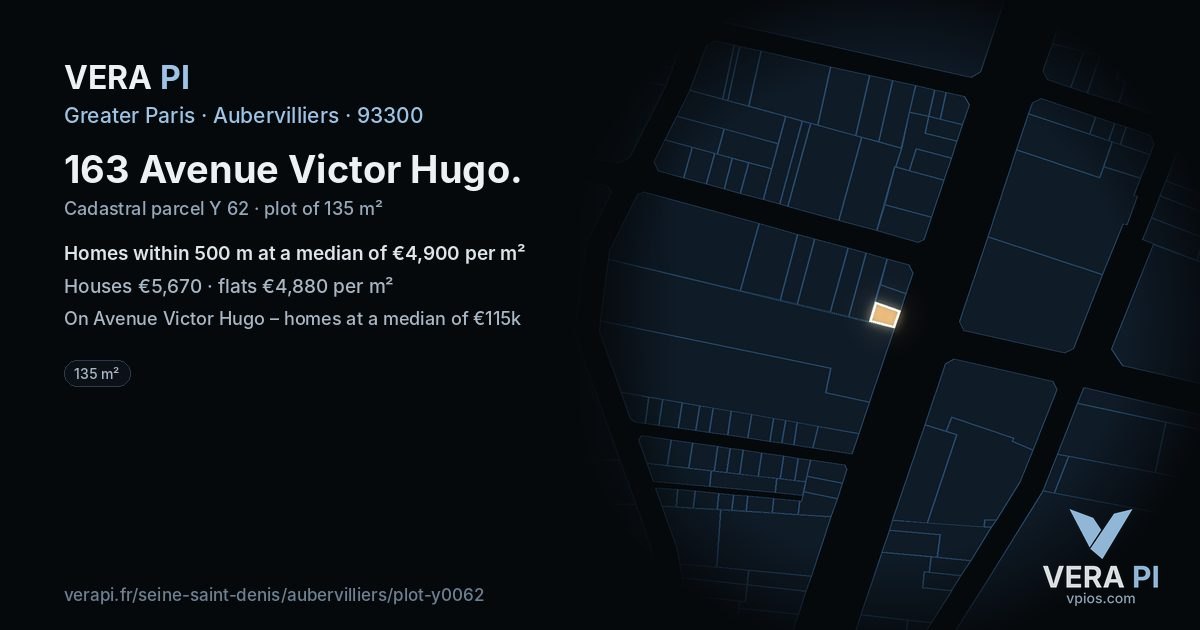 163 Avenue Victor Hugo, Aubervilliers at night – the plot lit, the parcels around coloured by the prices near them