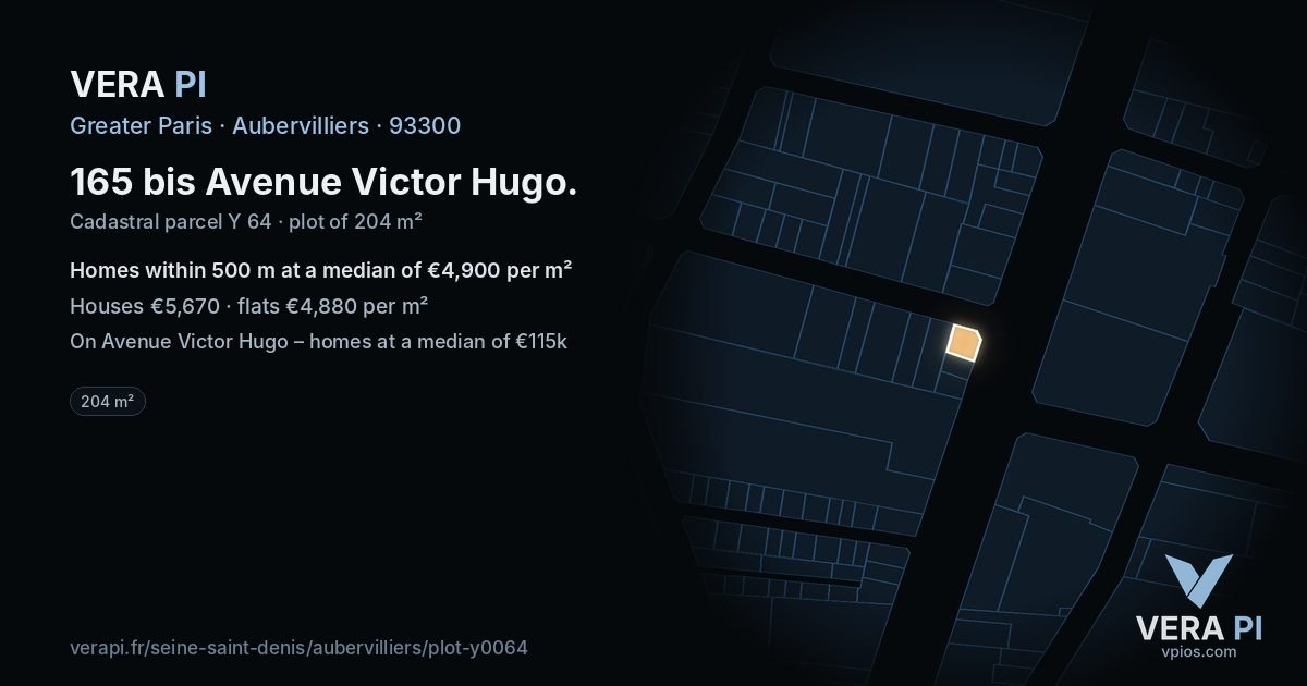 165 bis Avenue Victor Hugo, Aubervilliers at night – the plot lit, the parcels around coloured by the prices near them