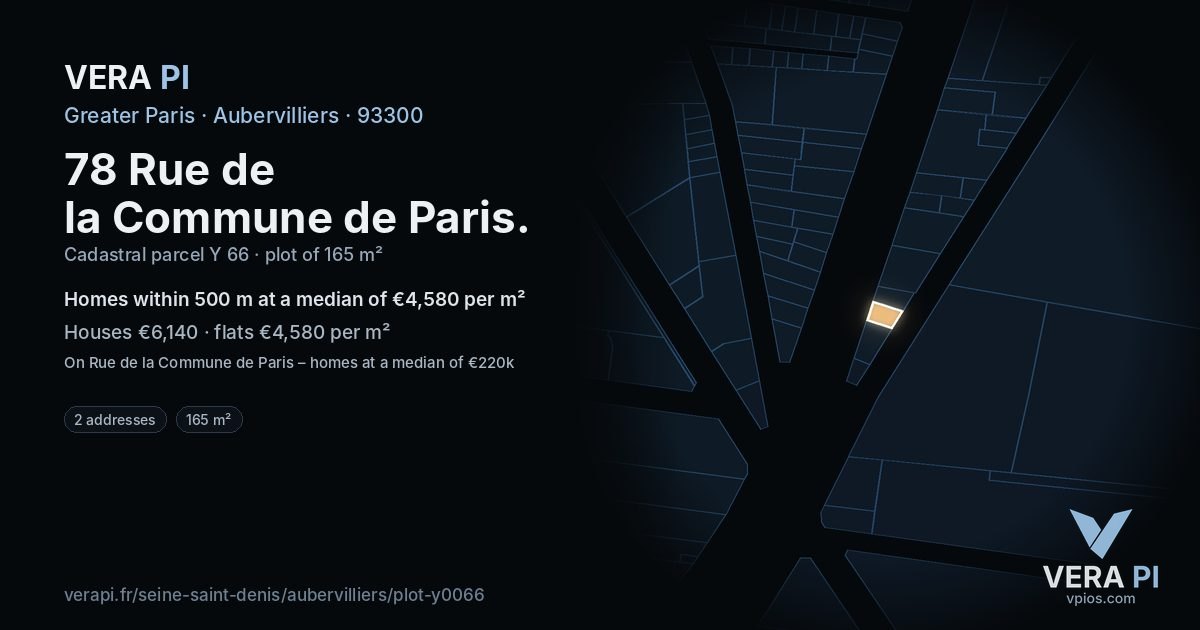 78 Rue de la Commune de Paris, Aubervilliers at night – the plot lit, the parcels around coloured by the prices near them