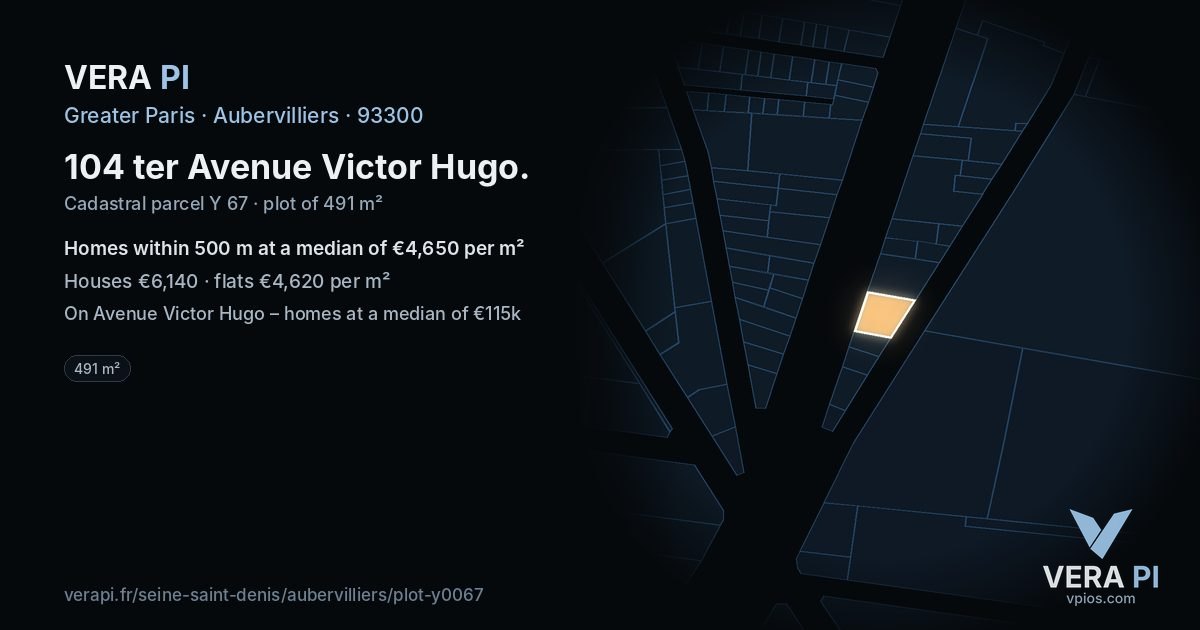 104 ter Avenue Victor Hugo, Aubervilliers at night – the plot lit, the parcels around coloured by the prices near them