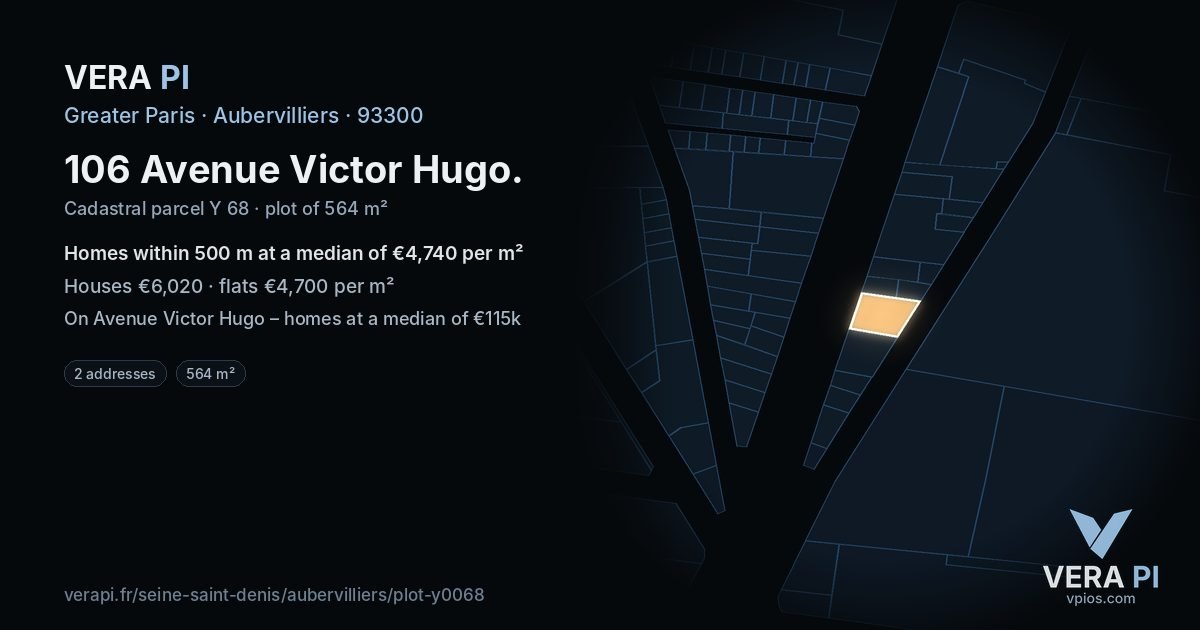 106 Avenue Victor Hugo, Aubervilliers at night – the plot lit, the parcels around coloured by the prices near them