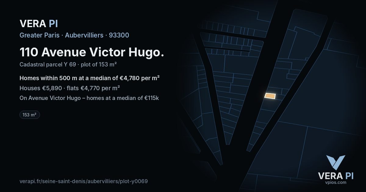 110 Avenue Victor Hugo, Aubervilliers at night – the plot lit, the parcels around coloured by the prices near them