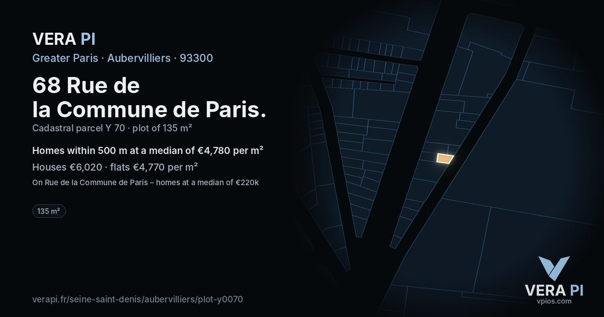 68 Rue de la Commune de Paris, Aubervilliers at night – the plot lit, the parcels around coloured by the prices near them