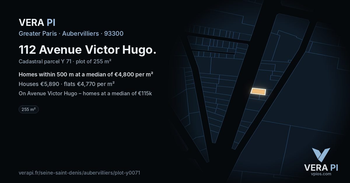 112 Avenue Victor Hugo, Aubervilliers at night – the plot lit, the parcels around coloured by the prices near them