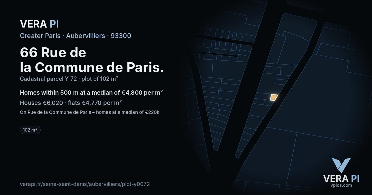 66 Rue de la Commune de Paris, Aubervilliers at night – the plot lit, the parcels around coloured by the prices near them