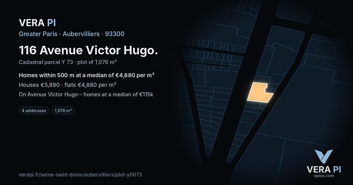 116 Avenue Victor Hugo, Aubervilliers at night – the plot lit, the parcels around coloured by the prices near them