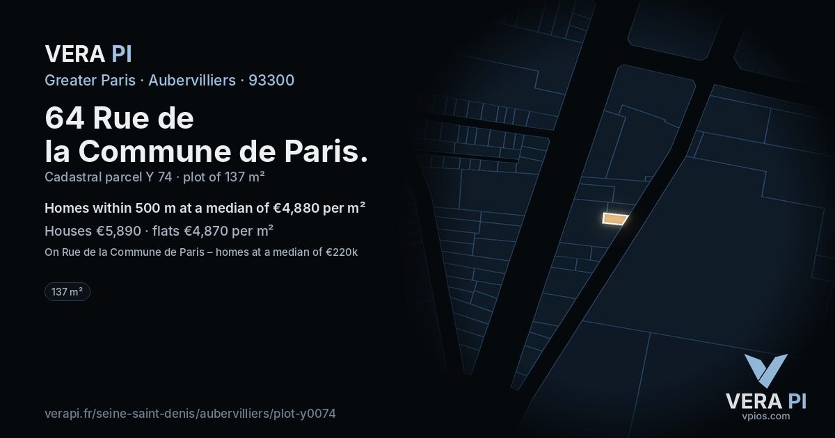 64 Rue de la Commune de Paris, Aubervilliers at night – the plot lit, the parcels around coloured by the prices near them