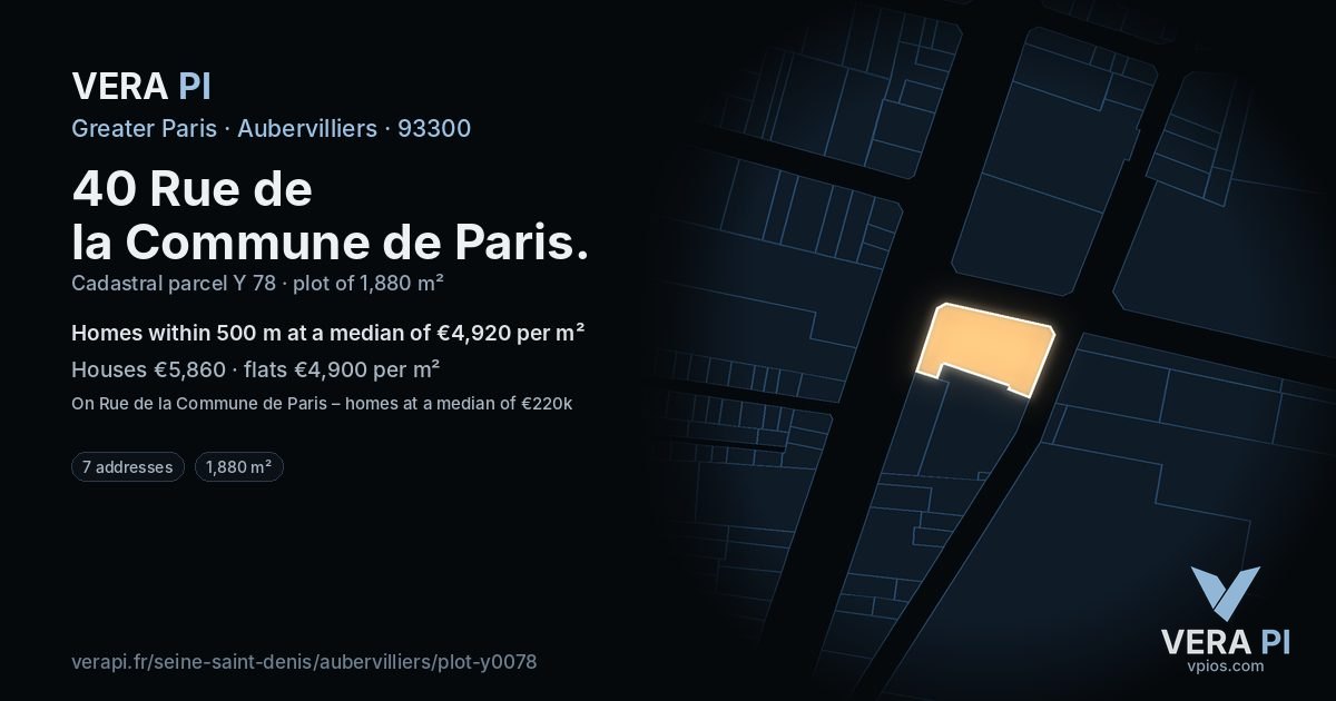 40 Rue de la Commune de Paris, Aubervilliers at night – the plot lit, the parcels around coloured by the prices near them