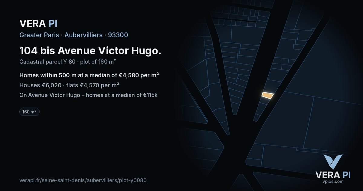 104 bis Avenue Victor Hugo, Aubervilliers at night – the plot lit, the parcels around coloured by the prices near them