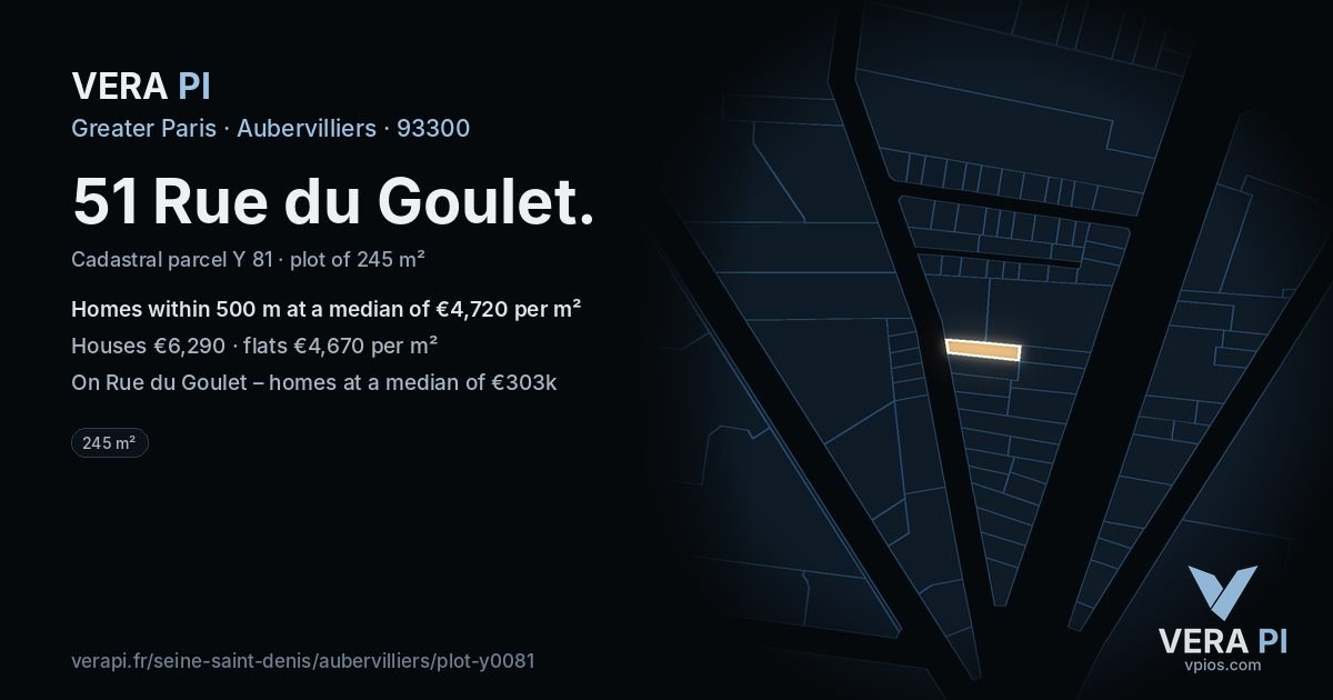 51 Rue du Goulet, Aubervilliers at night – the plot lit, the parcels around coloured by the prices near them
