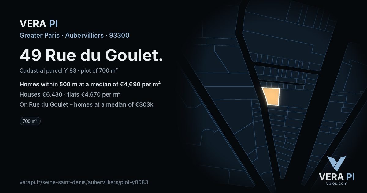 49 Rue du Goulet, Aubervilliers at night – the plot lit, the parcels around coloured by the prices near them