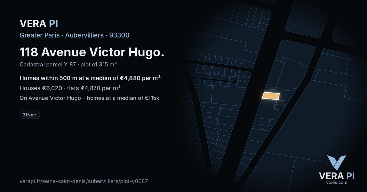 118 Avenue Victor Hugo, Aubervilliers at night – the plot lit, the parcels around coloured by the prices near them