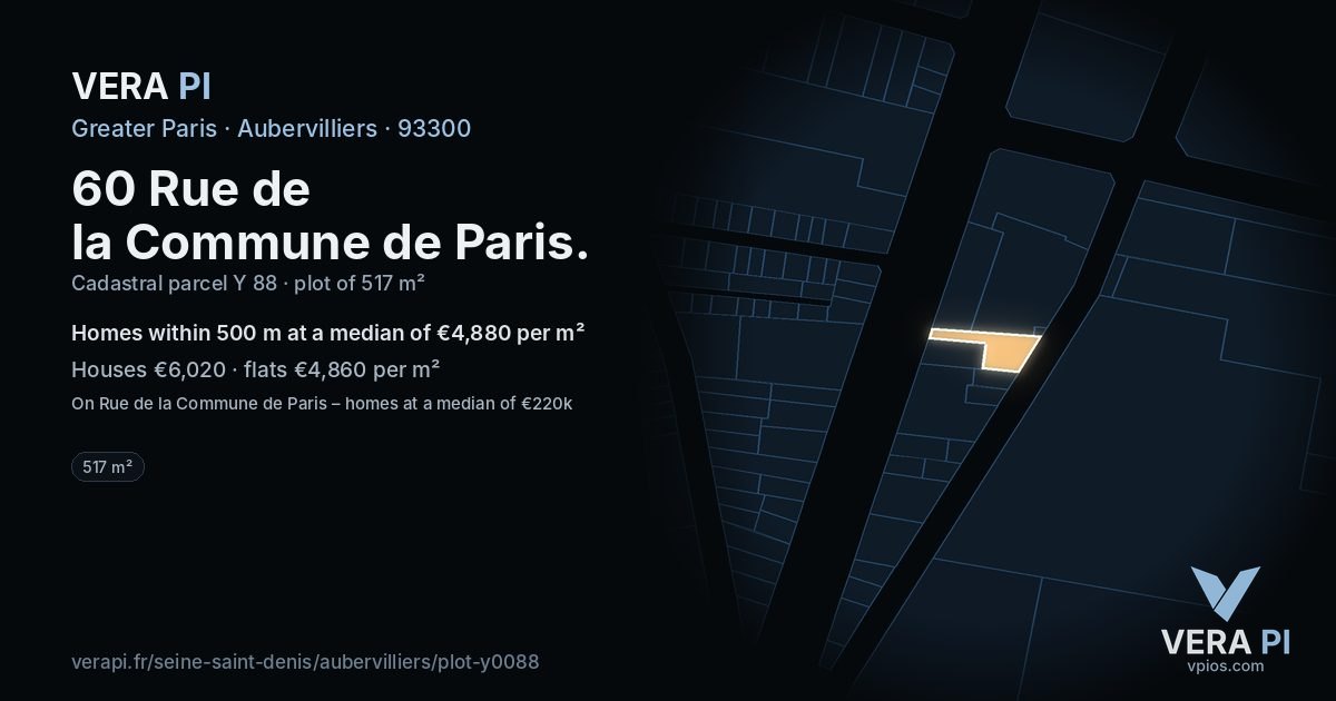60 Rue de la Commune de Paris, Aubervilliers at night – the plot lit, the parcels around coloured by the prices near them