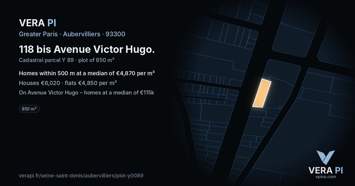 118 bis Avenue Victor Hugo, Aubervilliers at night – the plot lit, the parcels around coloured by the prices near them