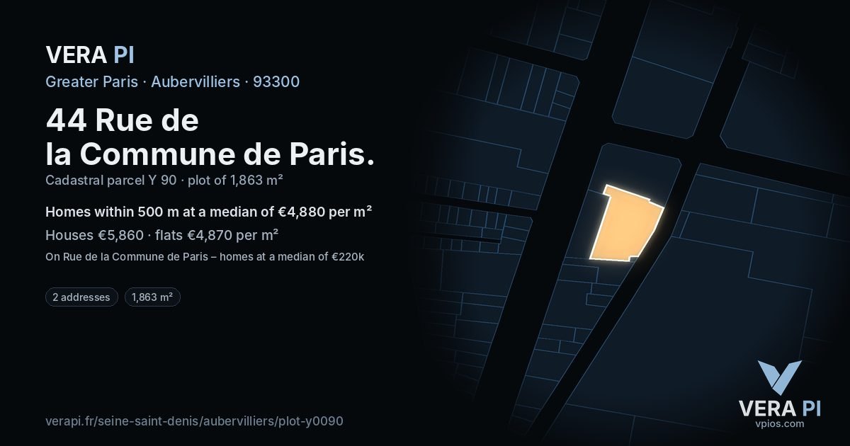 44 Rue de la Commune de Paris, Aubervilliers at night – the plot lit, the parcels around coloured by the prices near them