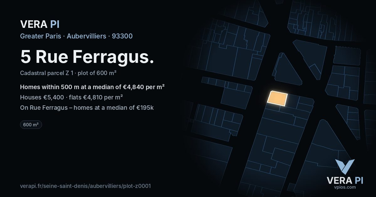 5 Rue Ferragus, Aubervilliers at night – the plot lit, the parcels around coloured by the prices near them