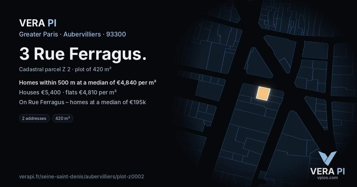 3 Rue Ferragus, Aubervilliers at night – the plot lit, the parcels around coloured by the prices near them