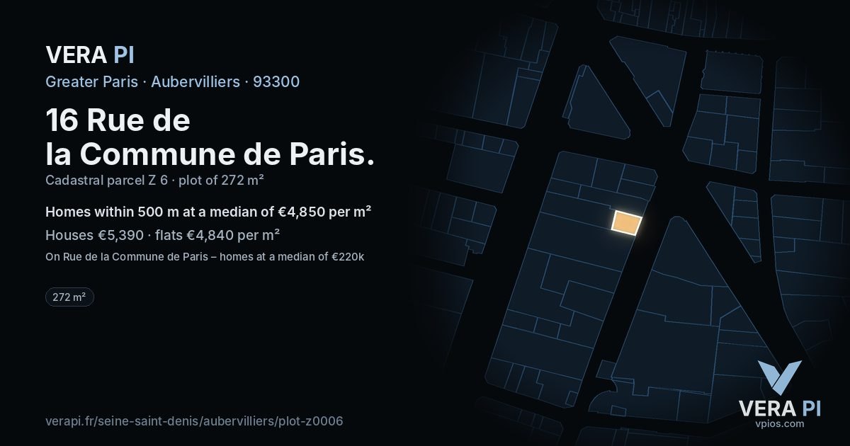 16 Rue de la Commune de Paris, Aubervilliers at night – the plot lit, the parcels around coloured by the prices near them