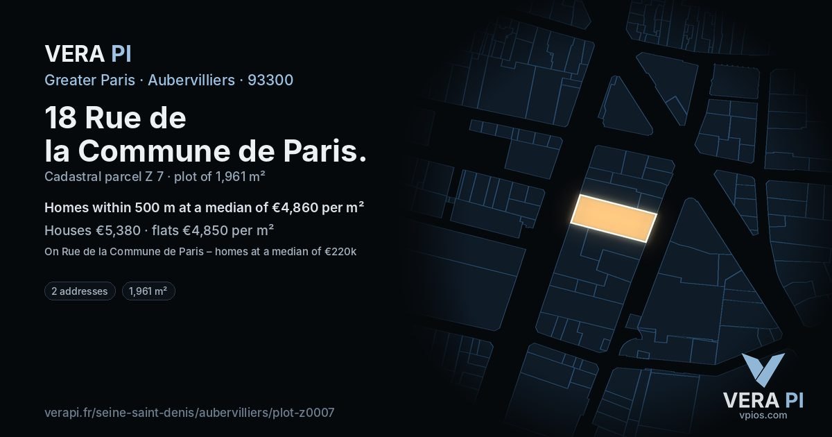 18 Rue de la Commune de Paris, Aubervilliers at night – the plot lit, the parcels around coloured by the prices near them