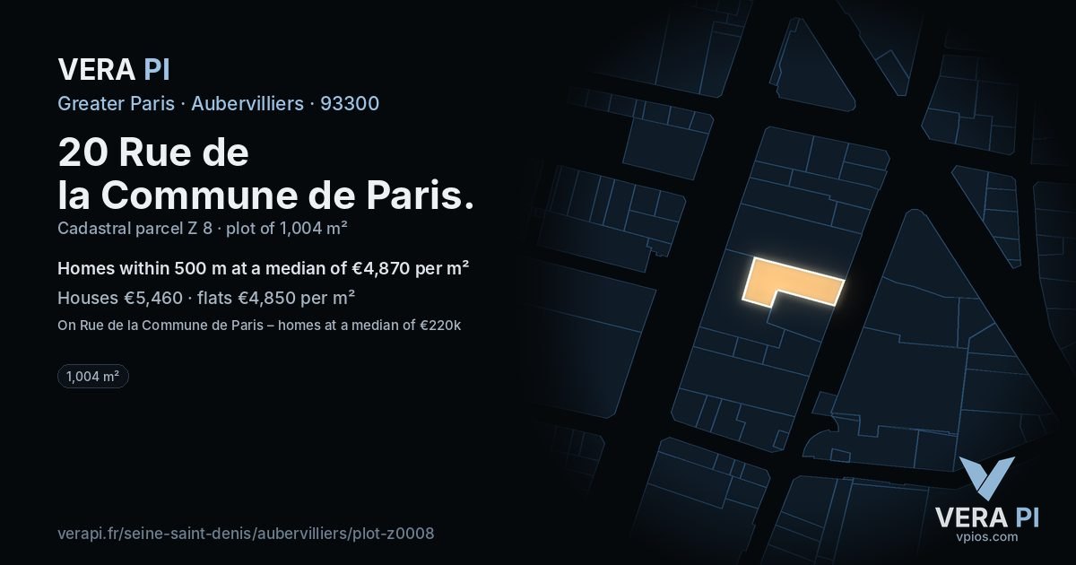 20 Rue de la Commune de Paris, Aubervilliers at night – the plot lit, the parcels around coloured by the prices near them