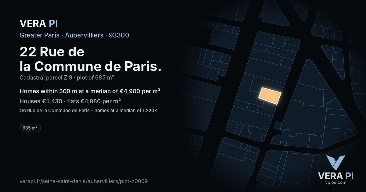22 Rue de la Commune de Paris, Aubervilliers at night – the plot lit, the parcels around coloured by the prices near them