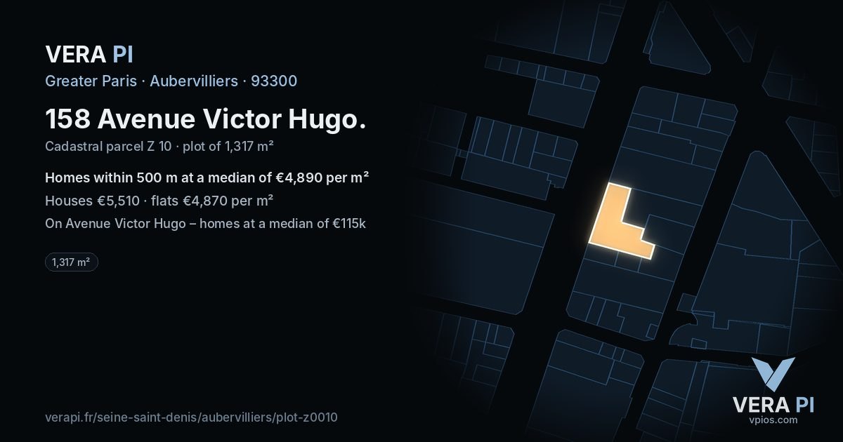 158 Avenue Victor Hugo, Aubervilliers at night – the plot lit, the parcels around coloured by the prices near them
