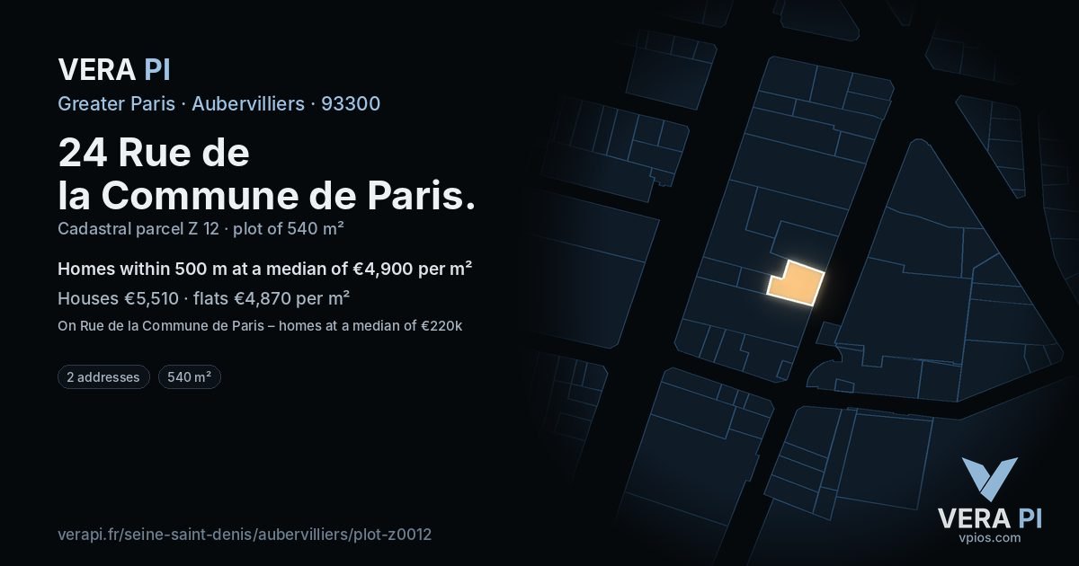 24 Rue de la Commune de Paris, Aubervilliers at night – the plot lit, the parcels around coloured by the prices near them