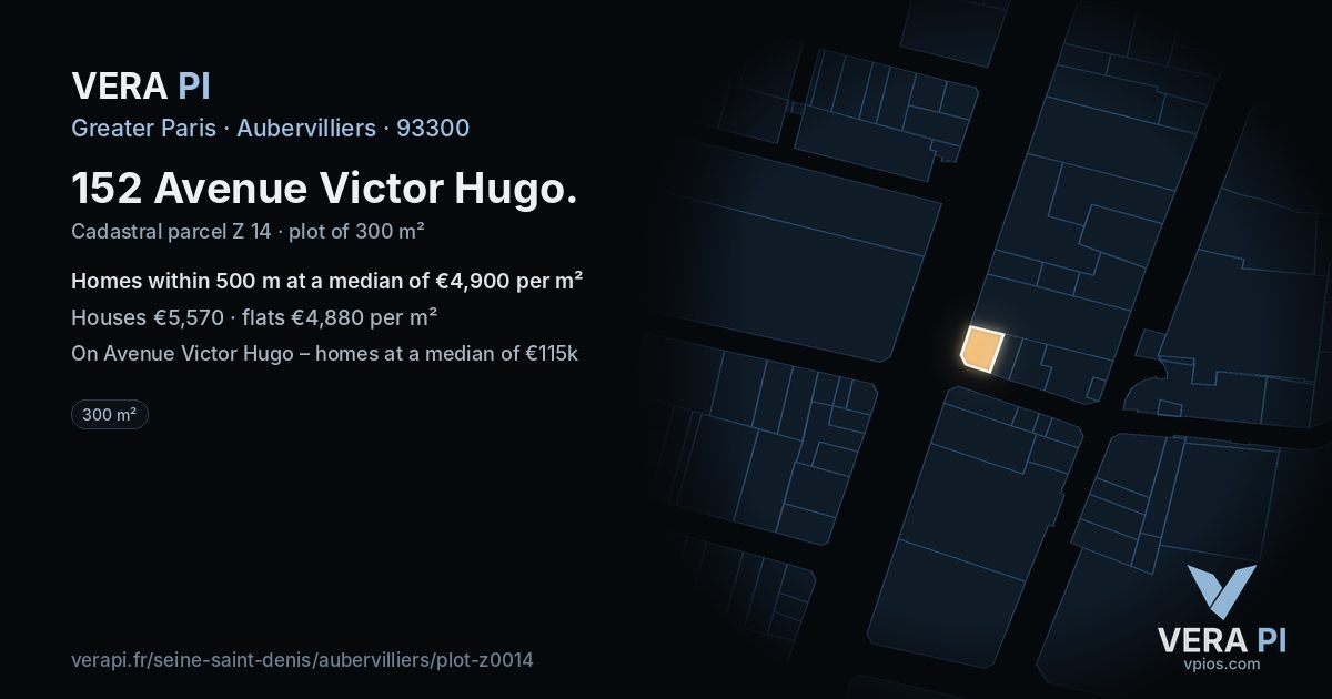 152 Avenue Victor Hugo, Aubervilliers at night – the plot lit, the parcels around coloured by the prices near them