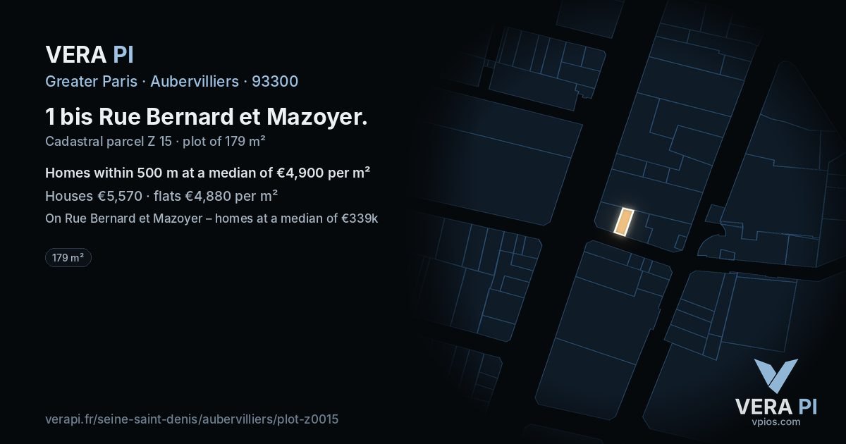 1 bis Rue Bernard et Mazoyer, Aubervilliers at night – the plot lit, the parcels around coloured by the prices near them