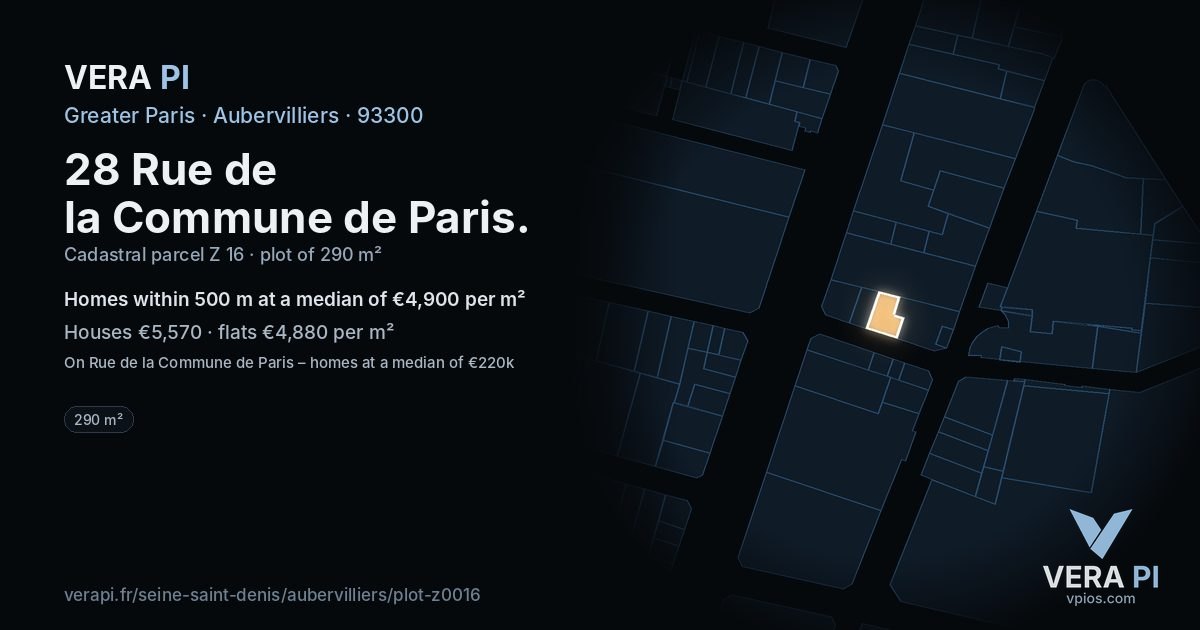 28 Rue de la Commune de Paris, Aubervilliers at night – the plot lit, the parcels around coloured by the prices near them
