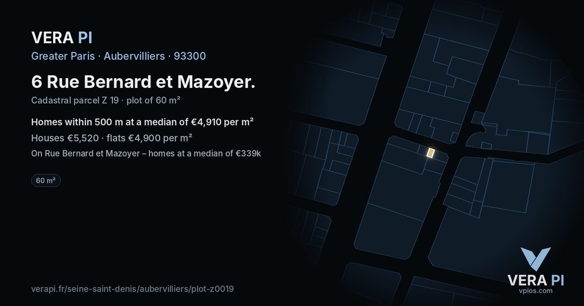 6 Rue Bernard et Mazoyer, Aubervilliers at night – the plot lit, the parcels around coloured by the prices near them