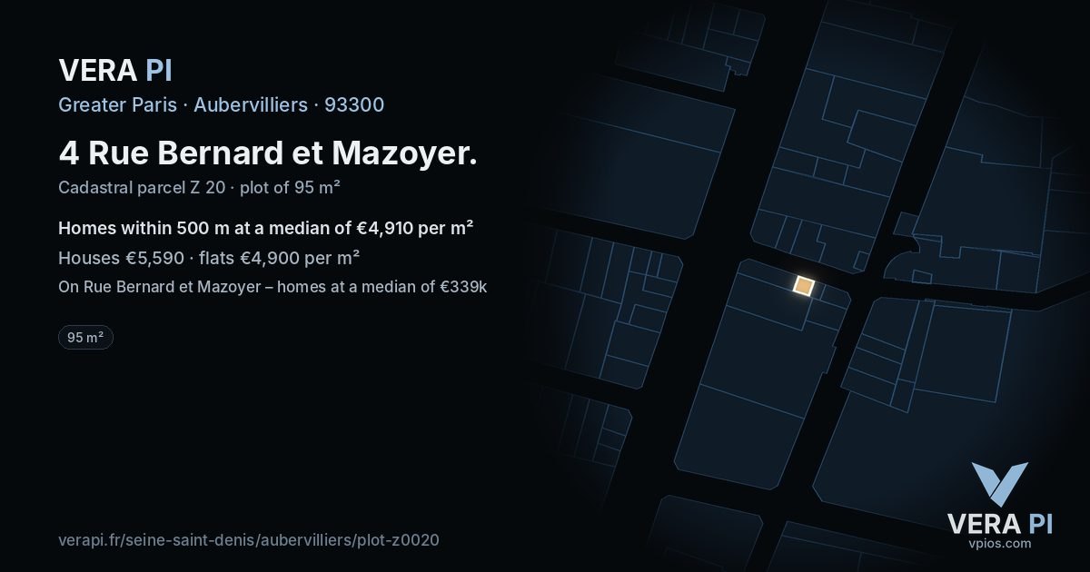 4 Rue Bernard et Mazoyer, Aubervilliers at night – the plot lit, the parcels around coloured by the prices near them