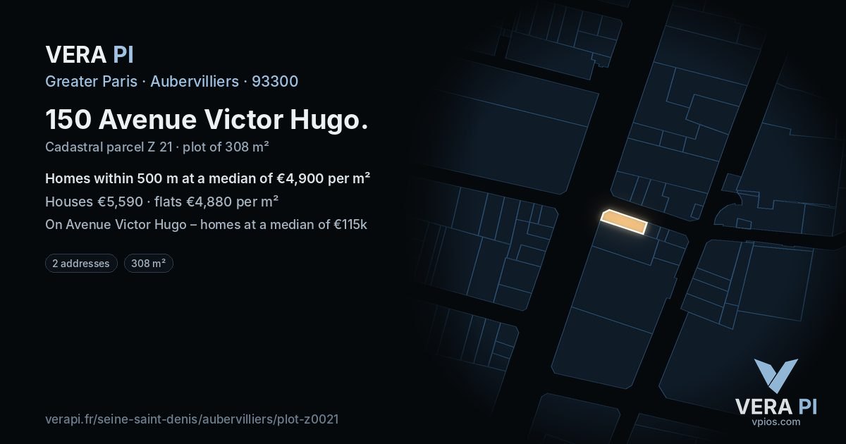 150 Avenue Victor Hugo, Aubervilliers at night – the plot lit, the parcels around coloured by the prices near them