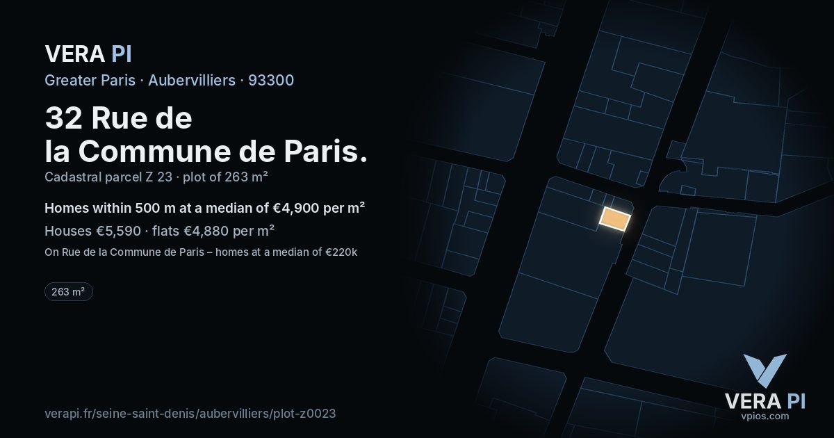 32 Rue de la Commune de Paris, Aubervilliers at night – the plot lit, the parcels around coloured by the prices near them