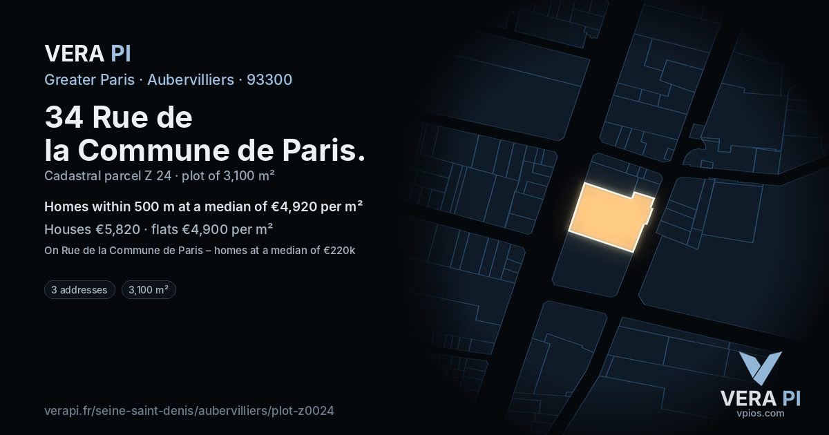 34 Rue de la Commune de Paris, Aubervilliers at night – the plot lit, the parcels around coloured by the prices near them
